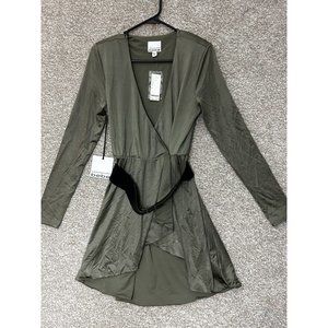 BEBE Kardashian Olive Green Hi Low Wrap Long Sleeve Belted Dress Size Medium